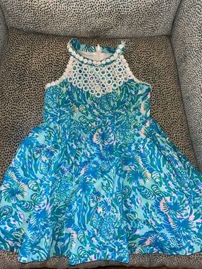 Lilly Pulitzer Girls' Blue & White Tropical Crochet Yoke Dress
